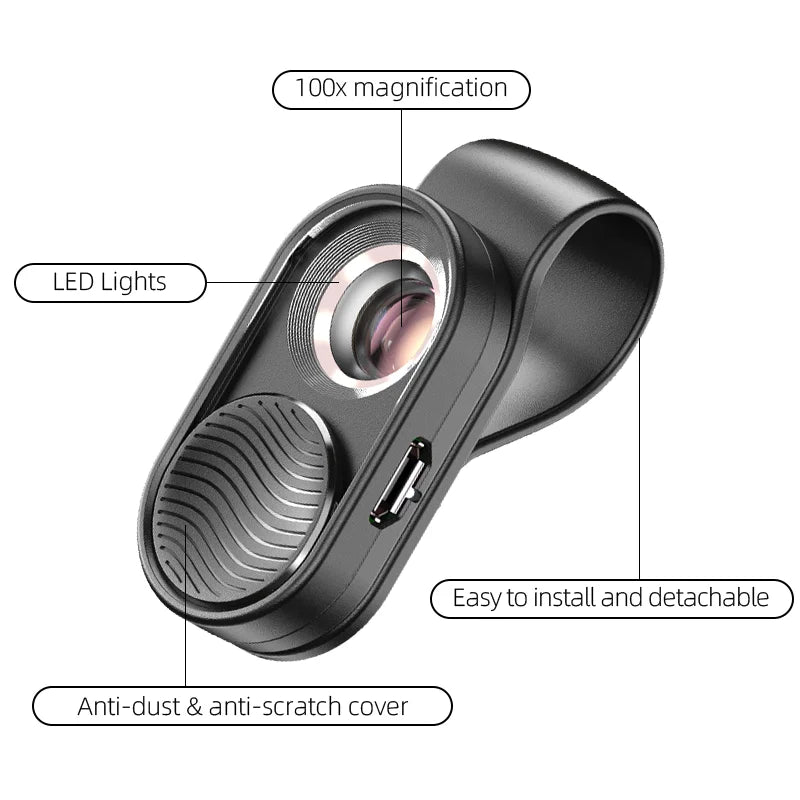 100X Smartphone Microscope Lens with LED Light Universal Clip