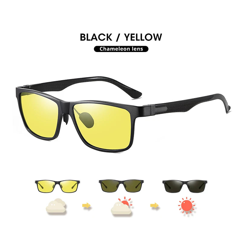 Carbon Fiber Square Photochromic Polarized UV400 Day Night Driving Sunglasses for Men Women