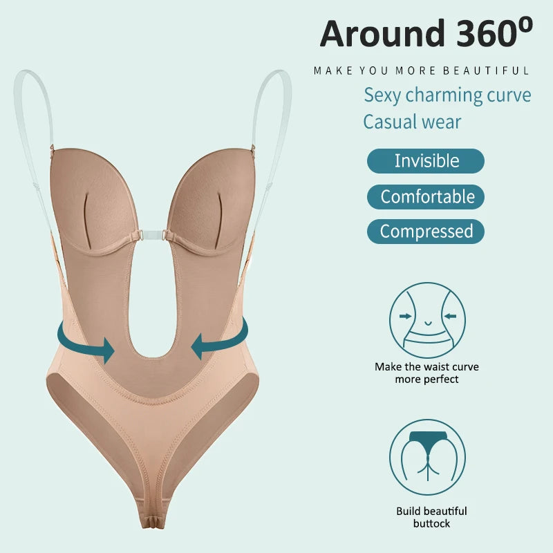 Deep V-Neck Backless Bodysuit Shapewear – Push Up Thong Body Shaper