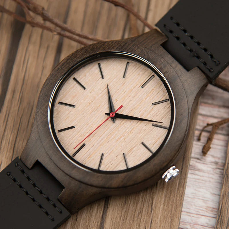 Black Men Wristwatch Quartz Wooden Watch Logo Designs Special Gift With Leather Band Wood Watches