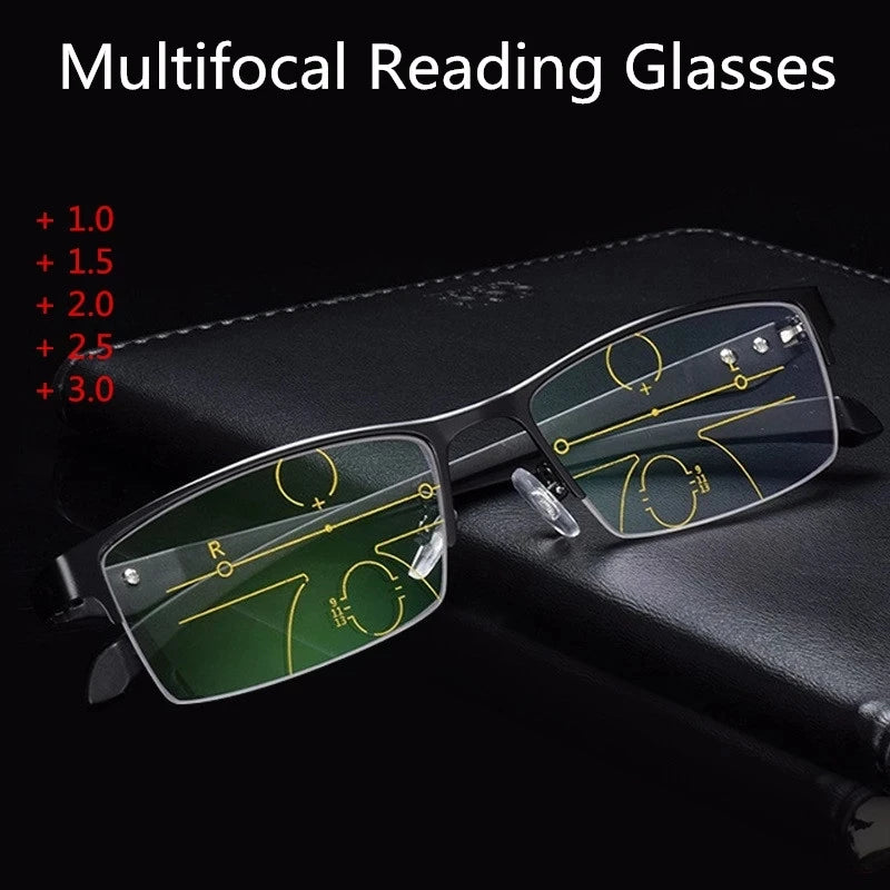 Multifocal Reading Glasses Half Frame Men Metal Progressive Bifocal Anti Blue Ray Presbyopia Eyewear 1.0 2.0 3.0