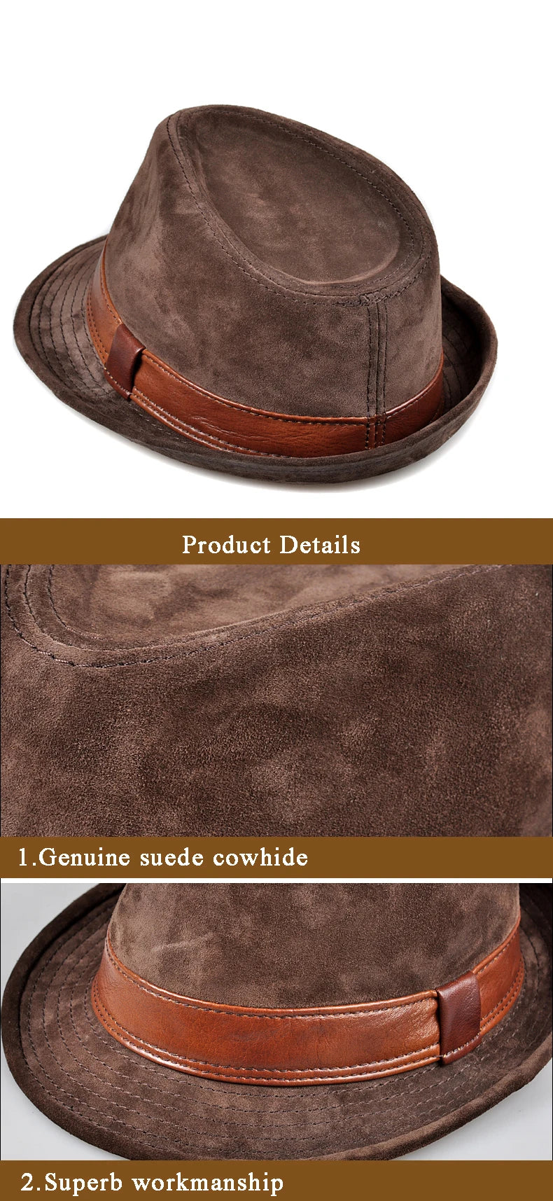 Winter Genuine Leather Top Hats For Men/Women British Gentlemen Wide Brim Stetson Fedoras 55-60cm Fitted Brown Male