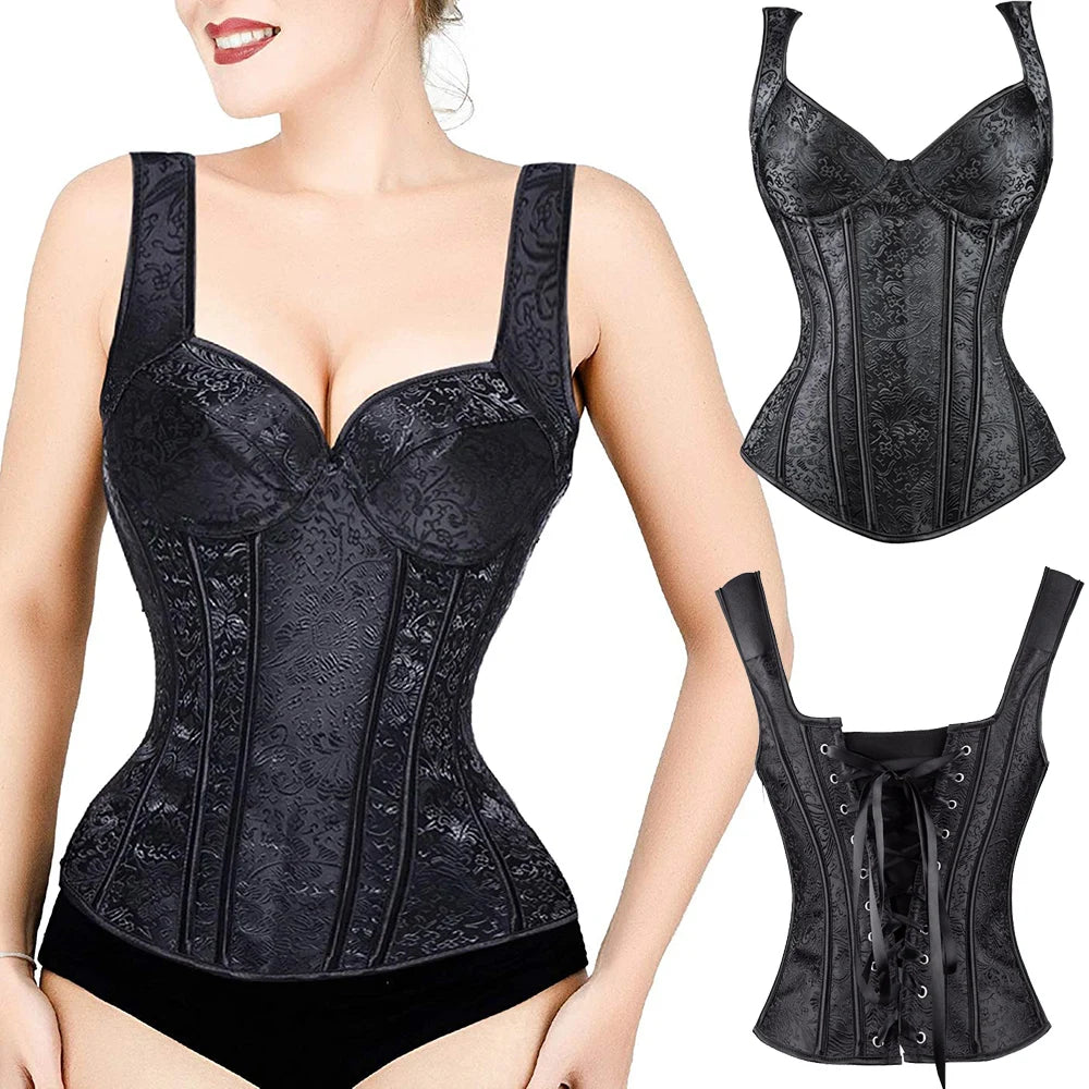 Steampunk Steel Boned Zipper Back Body Bustier Over bust Corset Women Waist Cincher Corsets Black Plus Size S-6XL