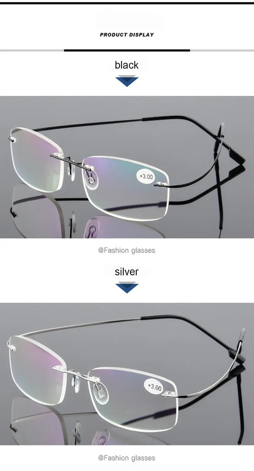 Reading Glasses Memory Titanium Rimless Reading Glasses Men Square Prescription Eyeglasses Foldable Glasses 2.5