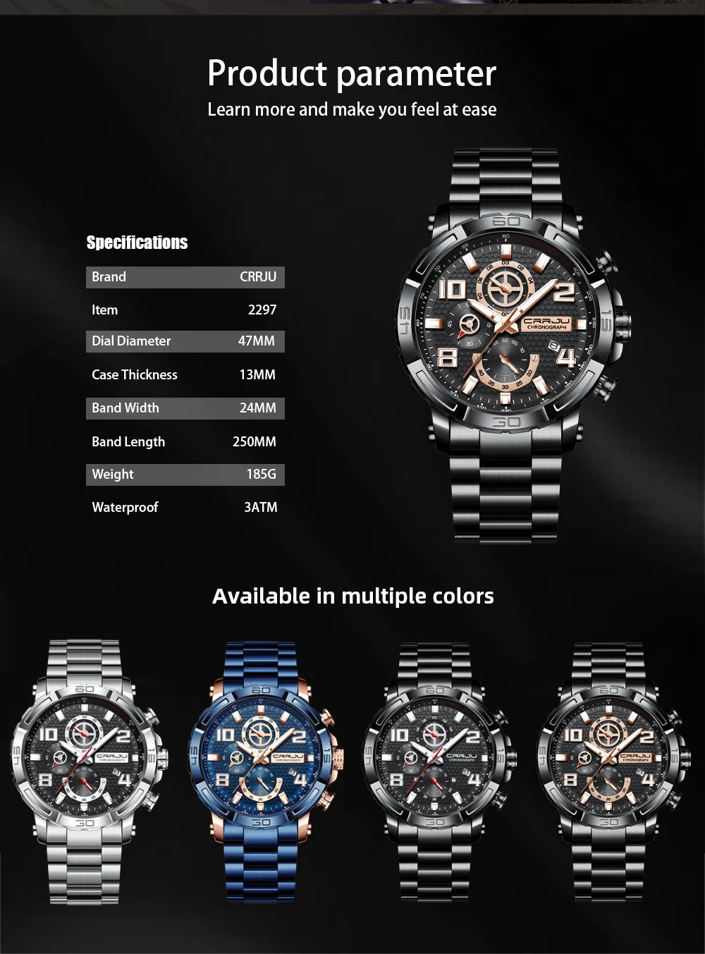 Men Watches Big Dial Waterproof Stainless Steel with Luminous handsDate Sport Chronograph Watches Relogio Masculino