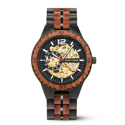 Automatic Self-Wind Watch for Men Wood Red Sandalwood Wristwatches Male Waterproof In Wooden Box