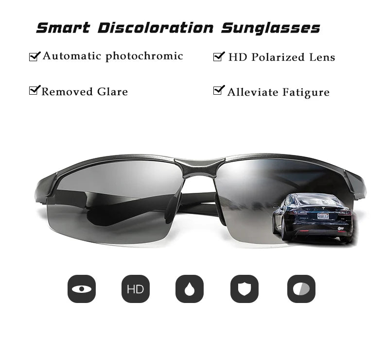 Aluminum Rimless Photochromic Polarized UV400 Driving Sunglasses for Men Women