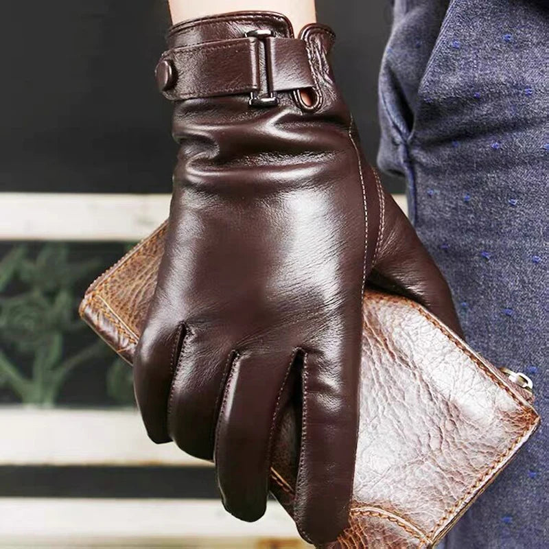 Man Genuine Leather Button Black Thick/Thin Gloves Male Commercial Business meeting MC Host Driving Suede Luvas