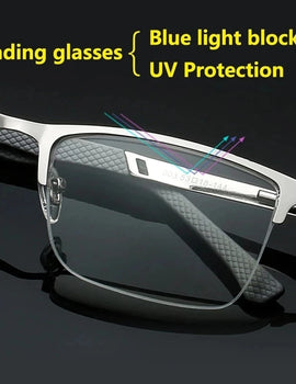 Reading Glasses Men Blue Light Glasses Metal Half Frame Presbyopia Eyeglasses Frame Mens Bussiness Computer Eyewear