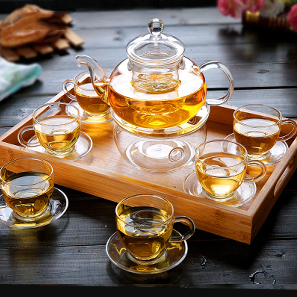 Elegant Glass Tea Set Borosilicate Glass Teapot With Cups Bamboo Tea Tray Tea Set Kettle Warmer Glass Teapot