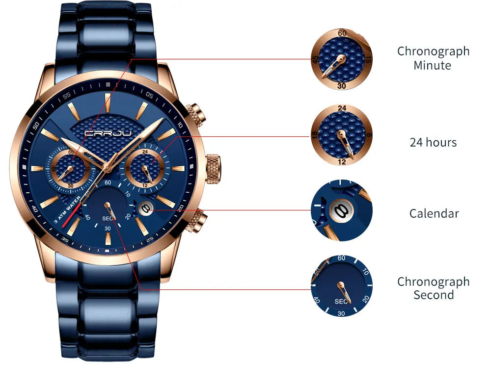 Business Men Watch Fashion Blue Date Chronograph Stianless Steel Wristwatch Mens Casual Waterproof Clock