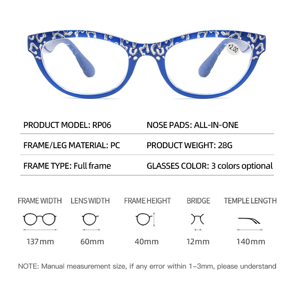 Reading Glasses Women Cat Eye Magnifying Old Flower Presbyopia Eyeglasses Frames 1.0 1.5 2.0 2.5 3.0