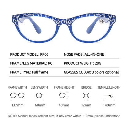 Reading Glasses Women Cat Eye Magnifying Old Flower Presbyopia Eyeglasses Frames 1.0 1.5 2.0 2.5 3.0