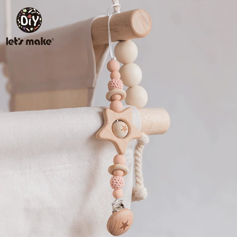 Let's Make 1PC Pacifier Chain Baby Teether Beech Star Wooden Clip Geometric Crochet Beads Pacifier Clip Chain Kids Tiny Rod Toys