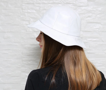 Winter Genuine Leather Hat For Women Korean British Bud Shape Big Brim Basin Caps Japanese Female White Fisherman Top Fedoras