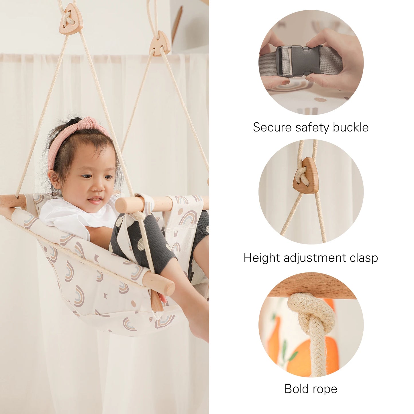 Let‘s Make Baby Swing Chair Canvas Hanging Wood Recliner Children Baby Rocker Toy Safety Baby Bouncer Outside Chair Toy Rocker