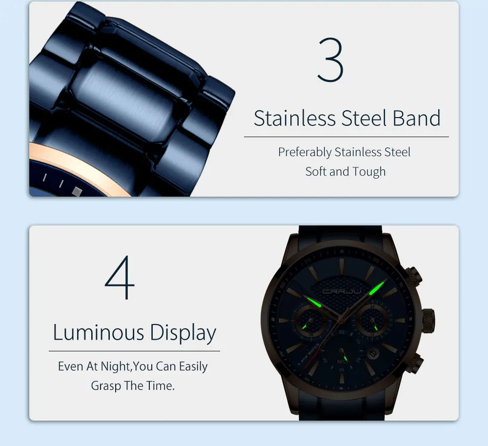 Business Men Watch Fashion Blue Date Chronograph Stianless Steel Wristwatch Mens Casual Waterproof Clock