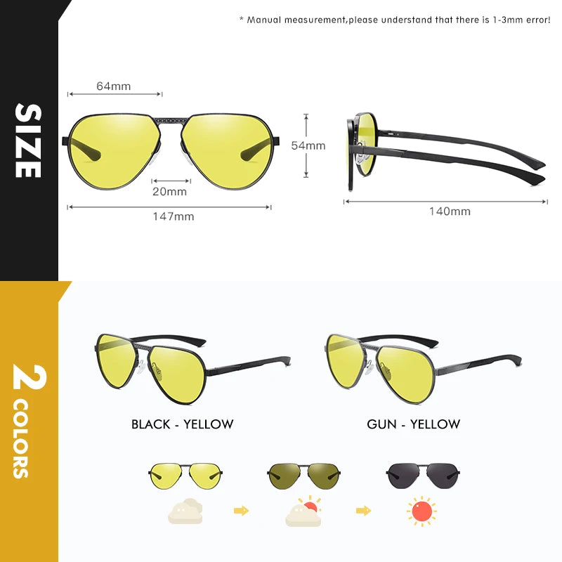 Photochromic Polarized Day Night Vision Driving Sunglasses UV400 Pilot Glasses for Men Women