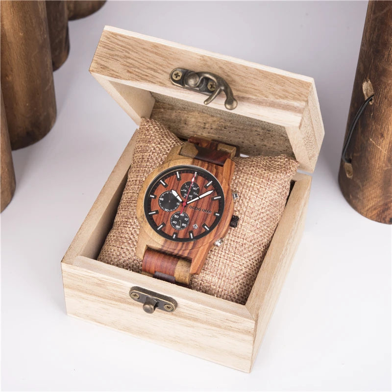 Watches Creative Business Quartz Clock Wood Timepieces Chronograph Date Week Display