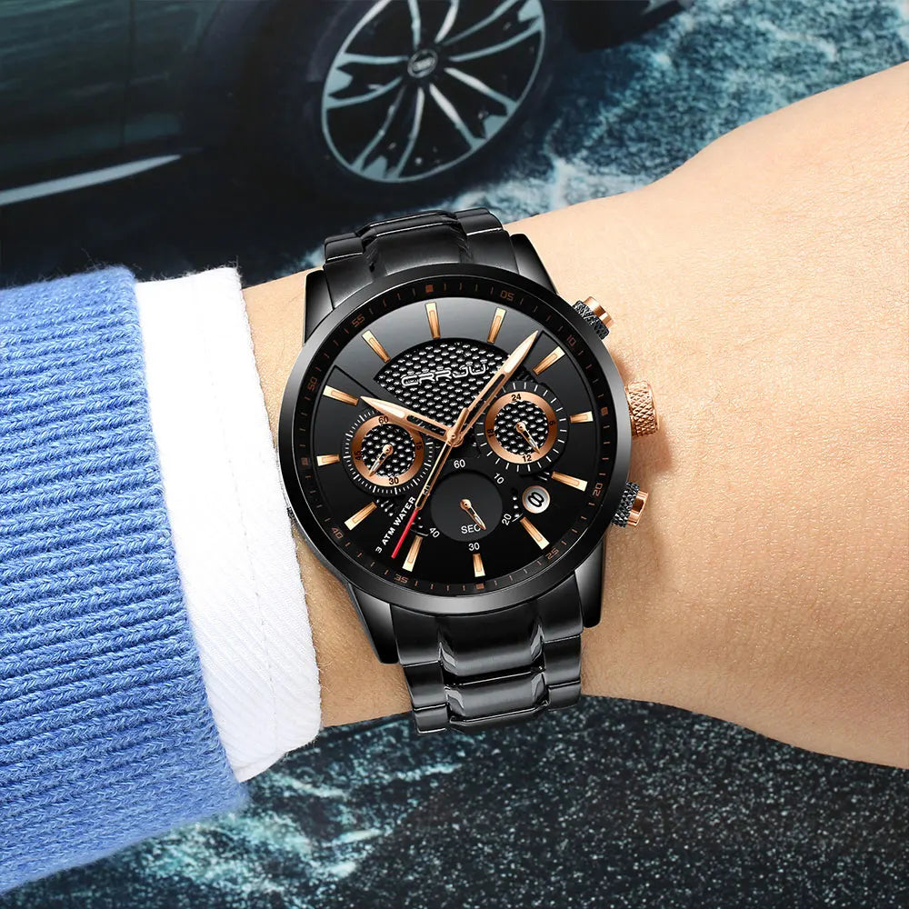 Business Men Watch Fashion Blue Date Chronograph Stianless Steel Wristwatch Mens Casual Waterproof Clock