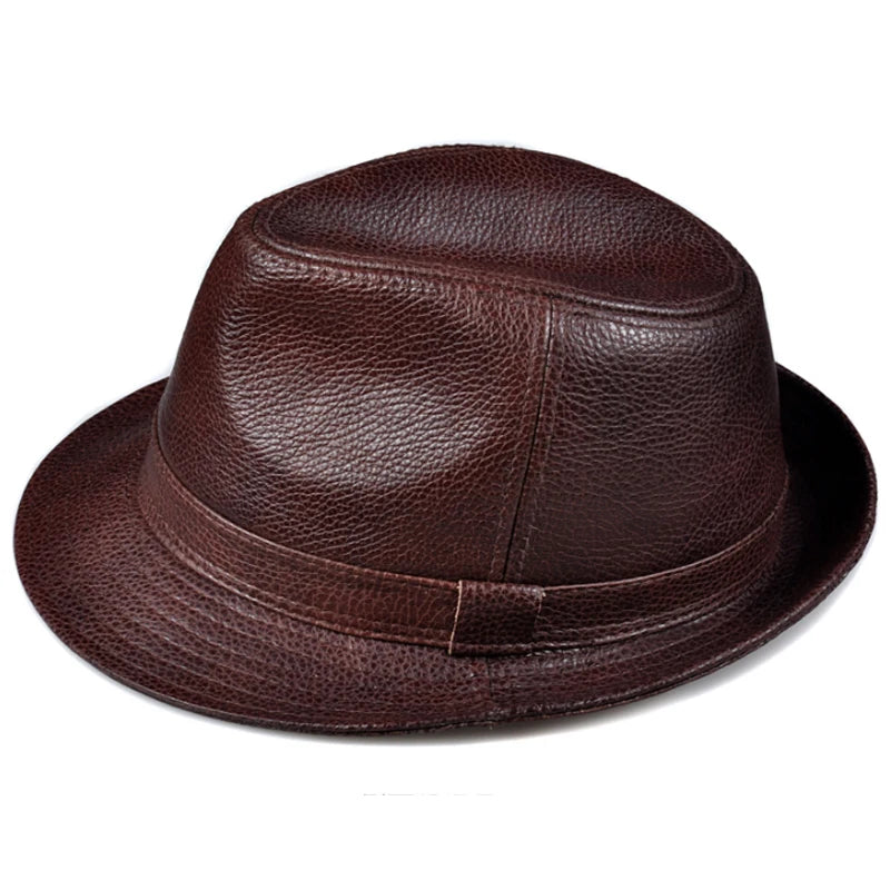 Man High Quality Genuine Leather Jazz Fedora Gentleman Cow Skin Short Brim Top Hat Male Shows Topper