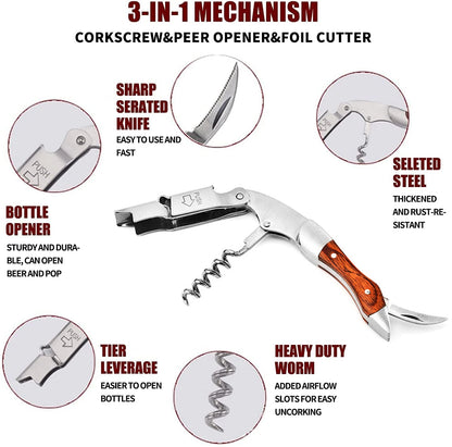 Stainless Steel Wine Opener, Professional Waiters Corkscrew, Leather Case,Beer Bottle Opener And Foil Cutter Gift For Wine Lover