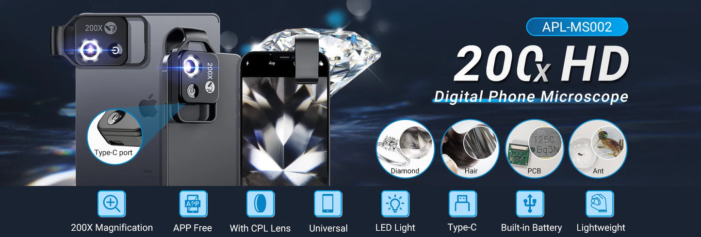 200X Smartphone Microscope Lens with LED Light Universal Clip