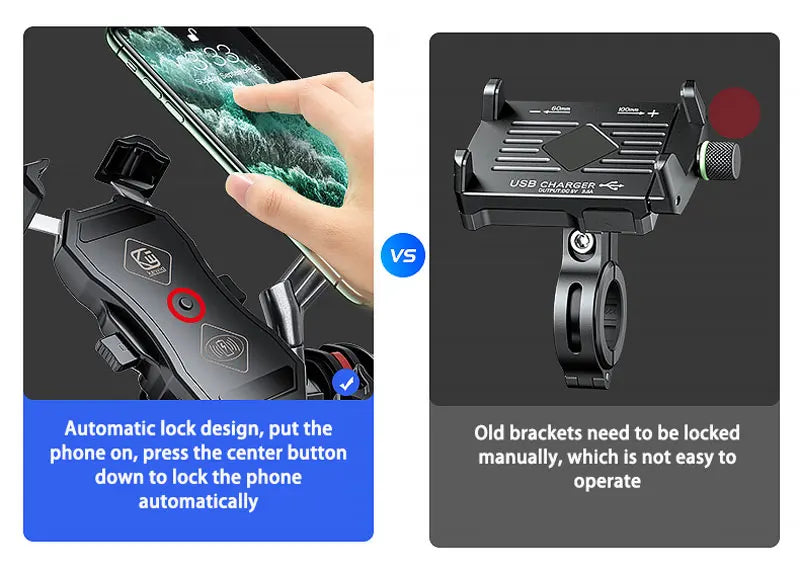 Motorcycle Fork Stem Wireless Charger 15W Qi/USB Quick Charge Phone Holder Handlebar Mirror Mount with 1" Ball for 3.5"-6.8"