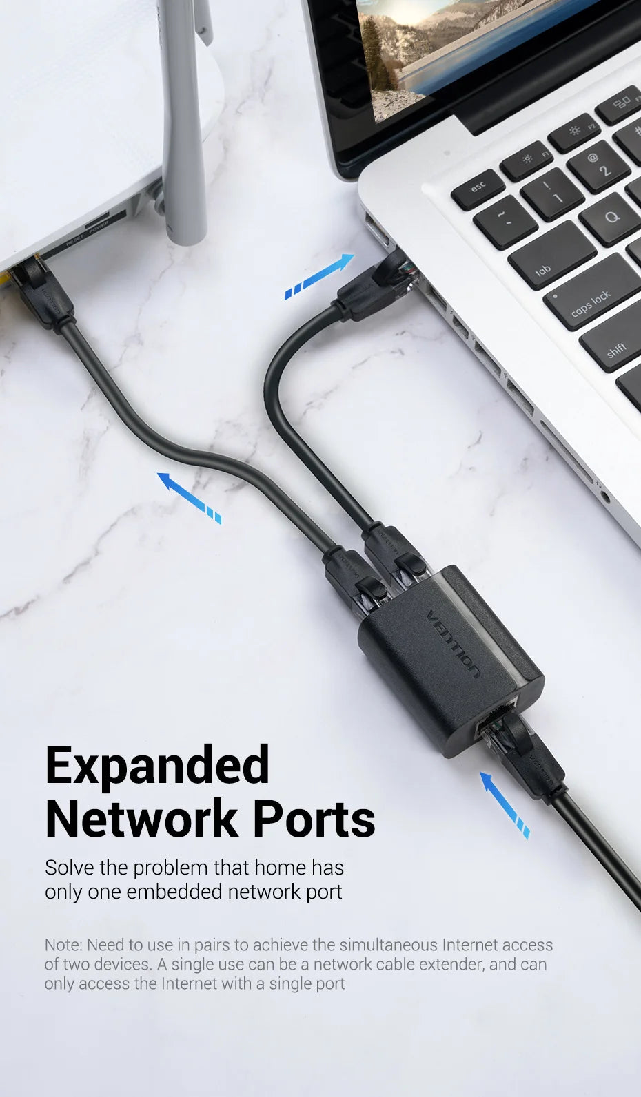 RJ45 Splitter Connector Adapter 1 to 2 Ways Ethernet Splitter Coupler Contact Modular Plug Connect Laptop Ethernet Cable
