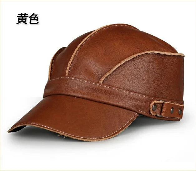 Unisex High Quality Real Leather Military Caps Sailor Hats Women Men Black Brown Flat Top Captain Cap Travel Cadet Hat