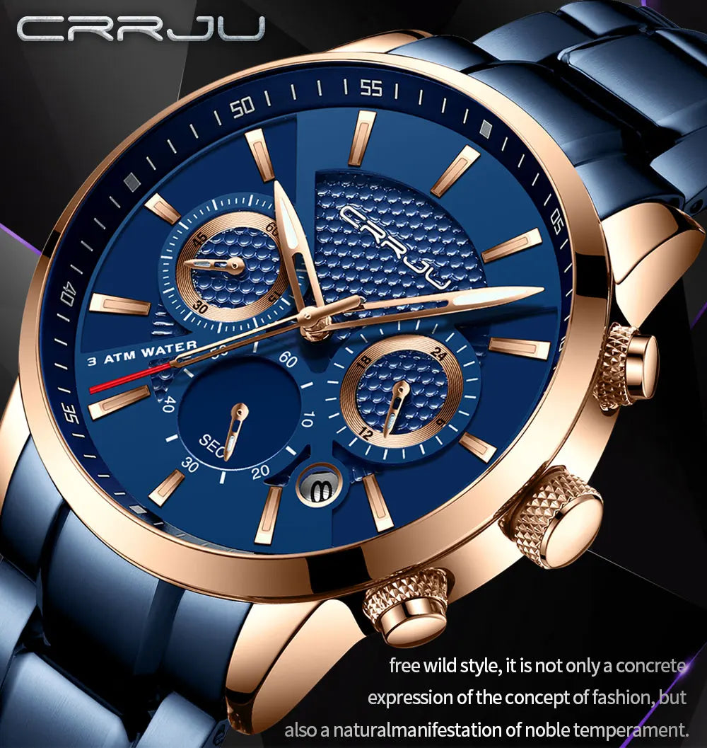 Business Men Watch Fashion Blue Date Chronograph Stianless Steel Wristwatch Mens Casual Waterproof Clock