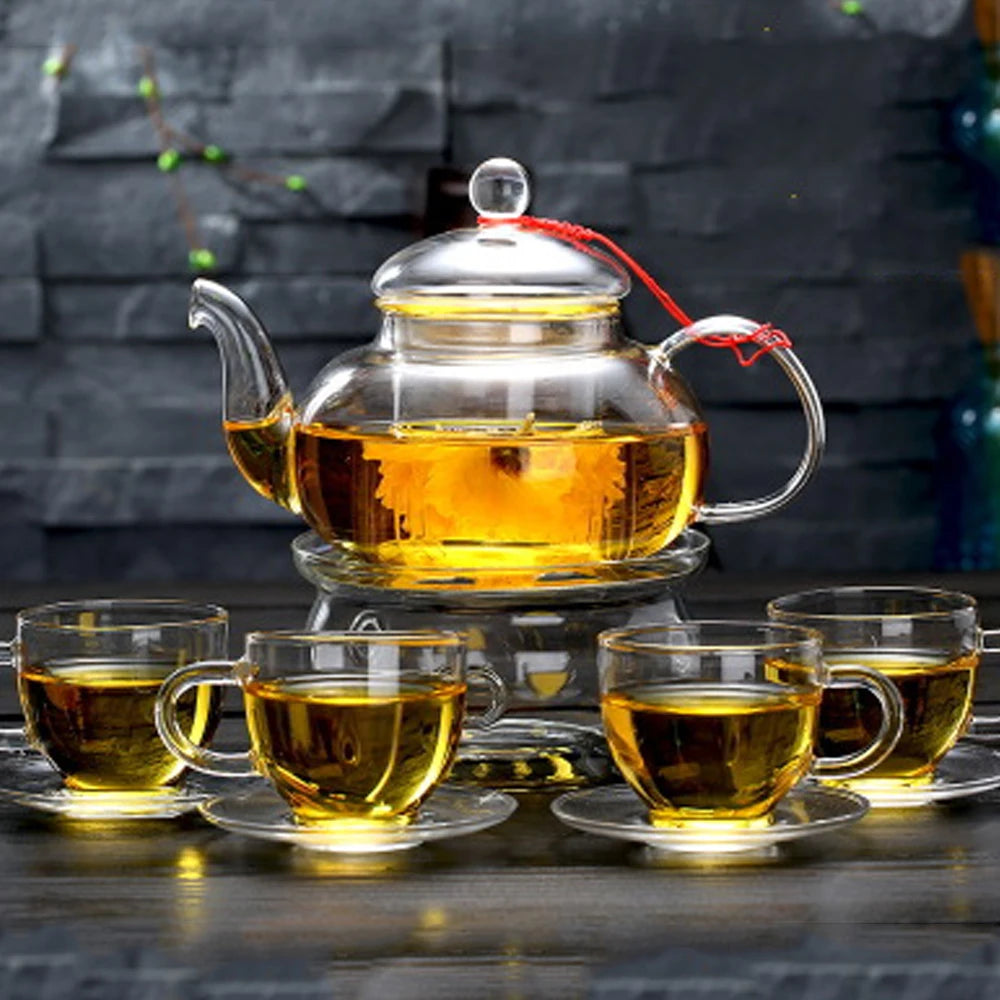 Elegant Glass Tea Set Borosilicate Glass Teapot With Cups Bamboo Tea Tray Tea Set Kettle Warmer Glass Teapot