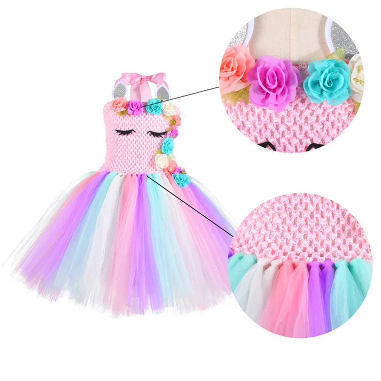 Rainbow Unicorn Princess Dress with Angel Wings Party Costume