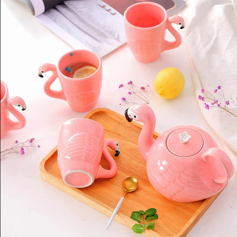 Tea Set Creative Flamingo Teapot Drinking Tea Cup Sets Water Coffee Cup Fruit Juice Mugs Set Teaware