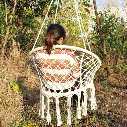 Nordic Style Round Hammock Swing Chair Safety Hanging Hammock Rope Hanging Garden Seat Beige Knitting Rope Swing Balcony Chair