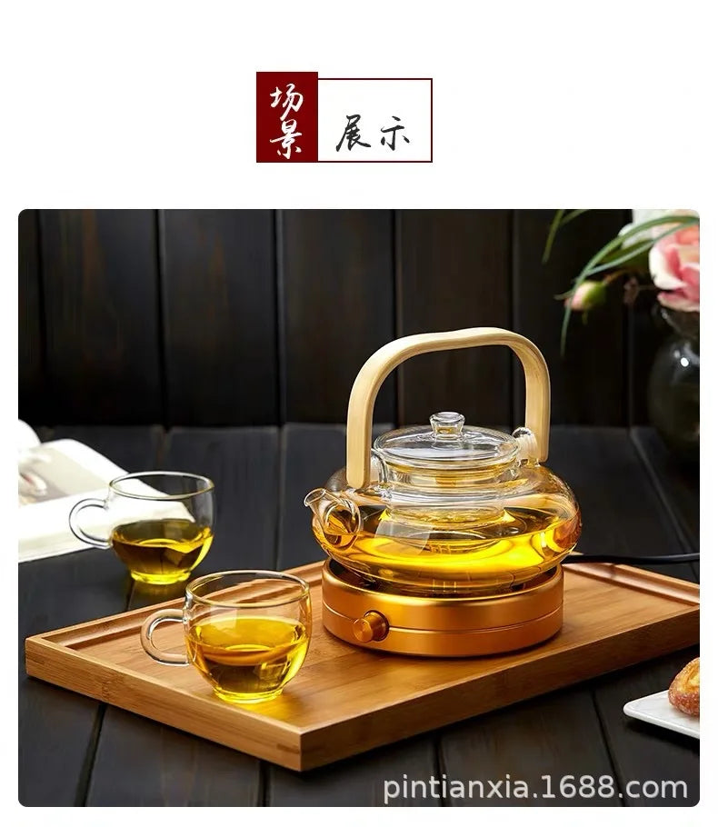 Bamboo-wood Glass Tea-making Teapot Hand-thickened Tea Pot with Filter Liner Flower Can Be Heated By Electric Pottery Oven