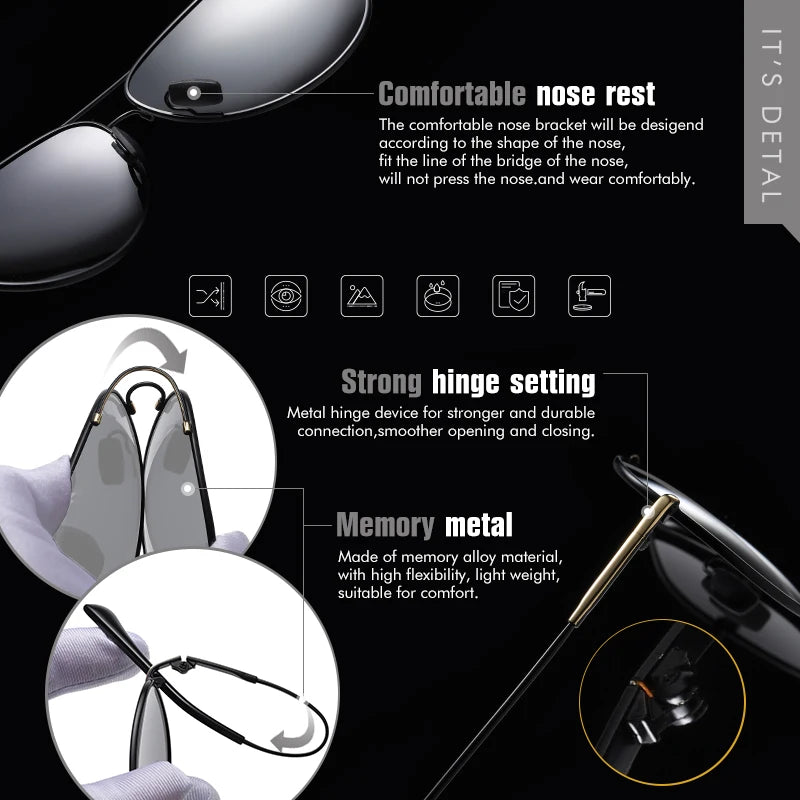 Photochromic Polarized Driving Sunglasses for Men Memory Metal Frame Anti Glare