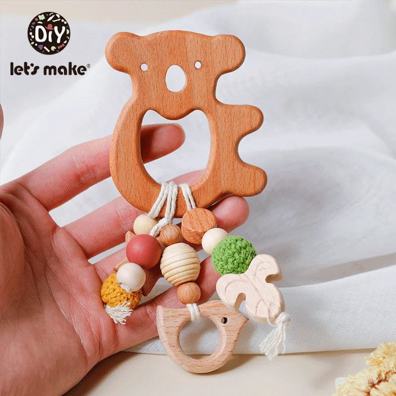 Let's Make 1pc Baby Teether Toys Wooden Animals Birds Pendant Olive Oil Beech Wood Crochet Beads Baby Rattle Stroller Kids Gifts