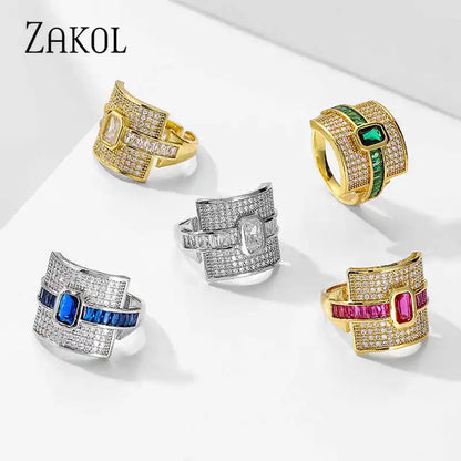 Gold Color Square Open Ring For Women Exquisite Green Cubic Zircon Dubai Adjustable Ring