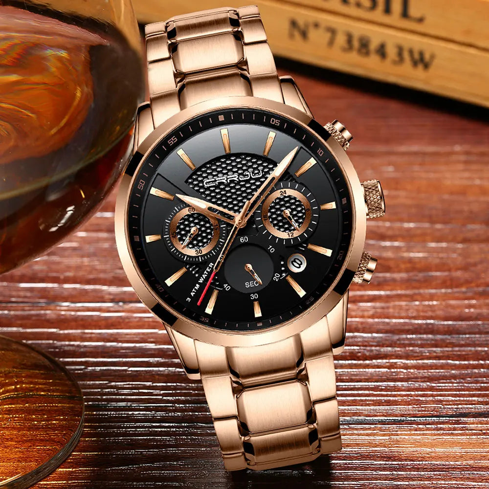 Business Men Watch Fashion Blue Date Chronograph Stianless Steel Wristwatch Mens Casual Waterproof Clock