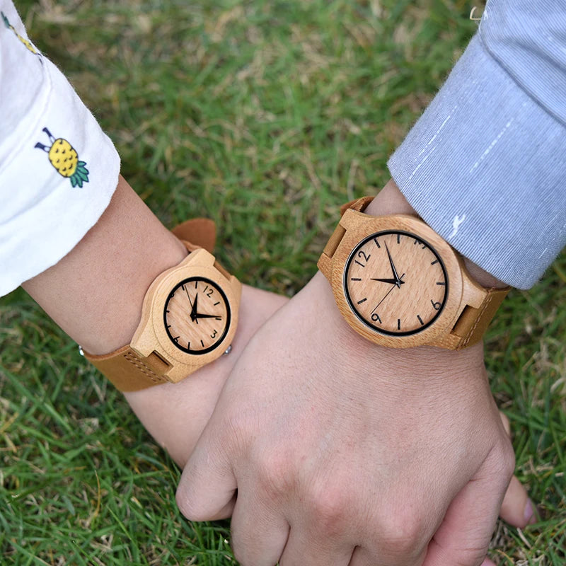 Bamboo Couple Watch Quartz Handmade Leather Ladies Wrist watches Lover's Customized Engrave Logo