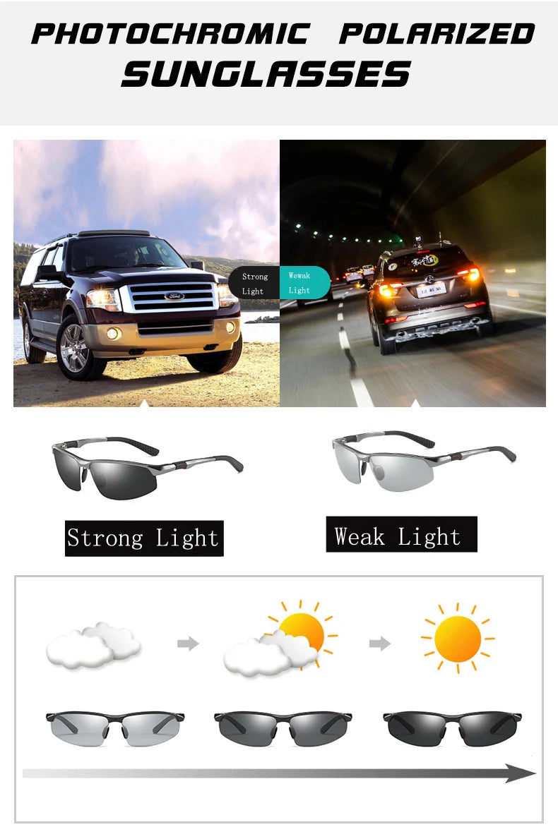 Aluminum Rimless Photochromic Polarized UV400 Driving Sunglasses for Men Women