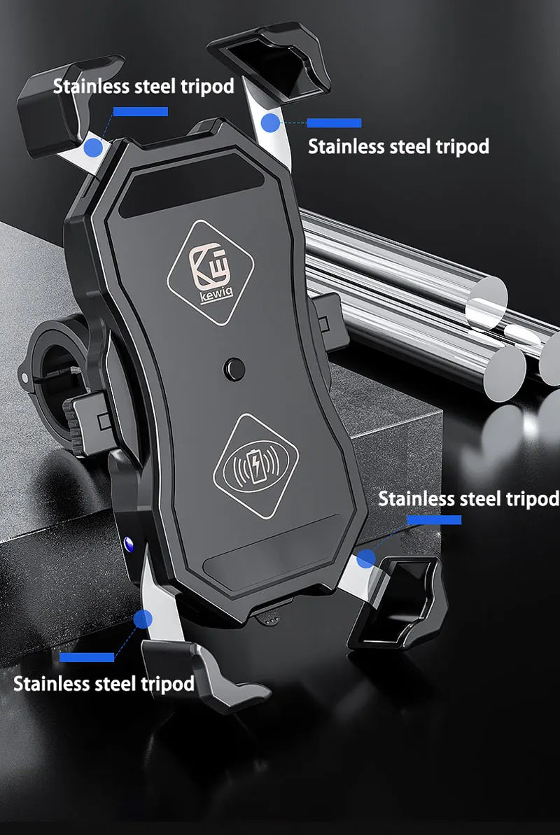 Motorcycle Fork Stem Wireless Charger 15W Qi/USB Quick Charge Phone Holder Handlebar Mirror Mount with 1" Ball for 3.5"-6.8"