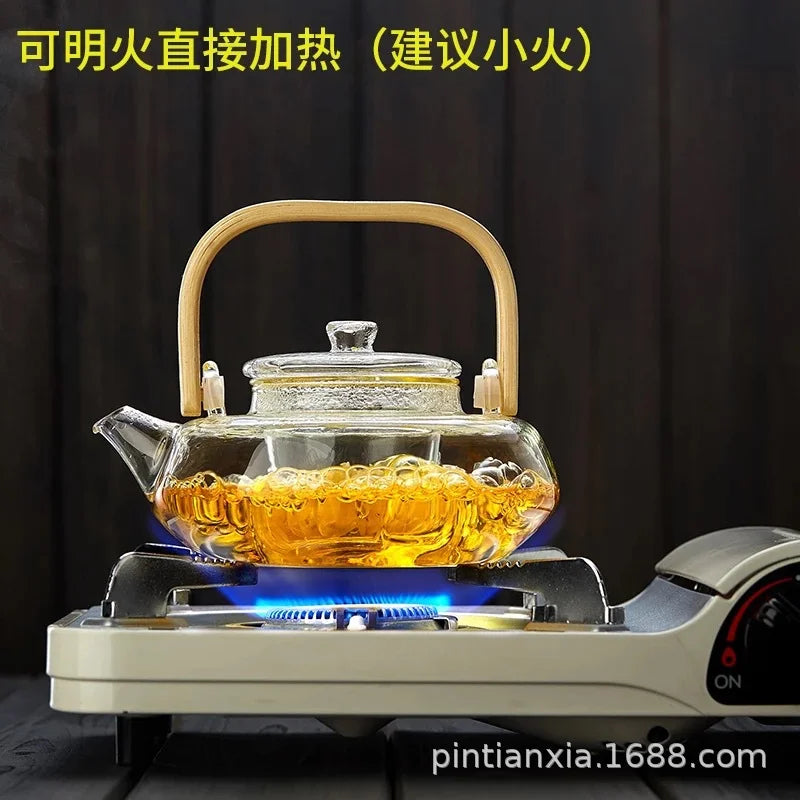 Bamboo-wood Glass Tea-making Teapot Hand-thickened Tea Pot with Filter Liner Flower Can Be Heated By Electric Pottery Oven