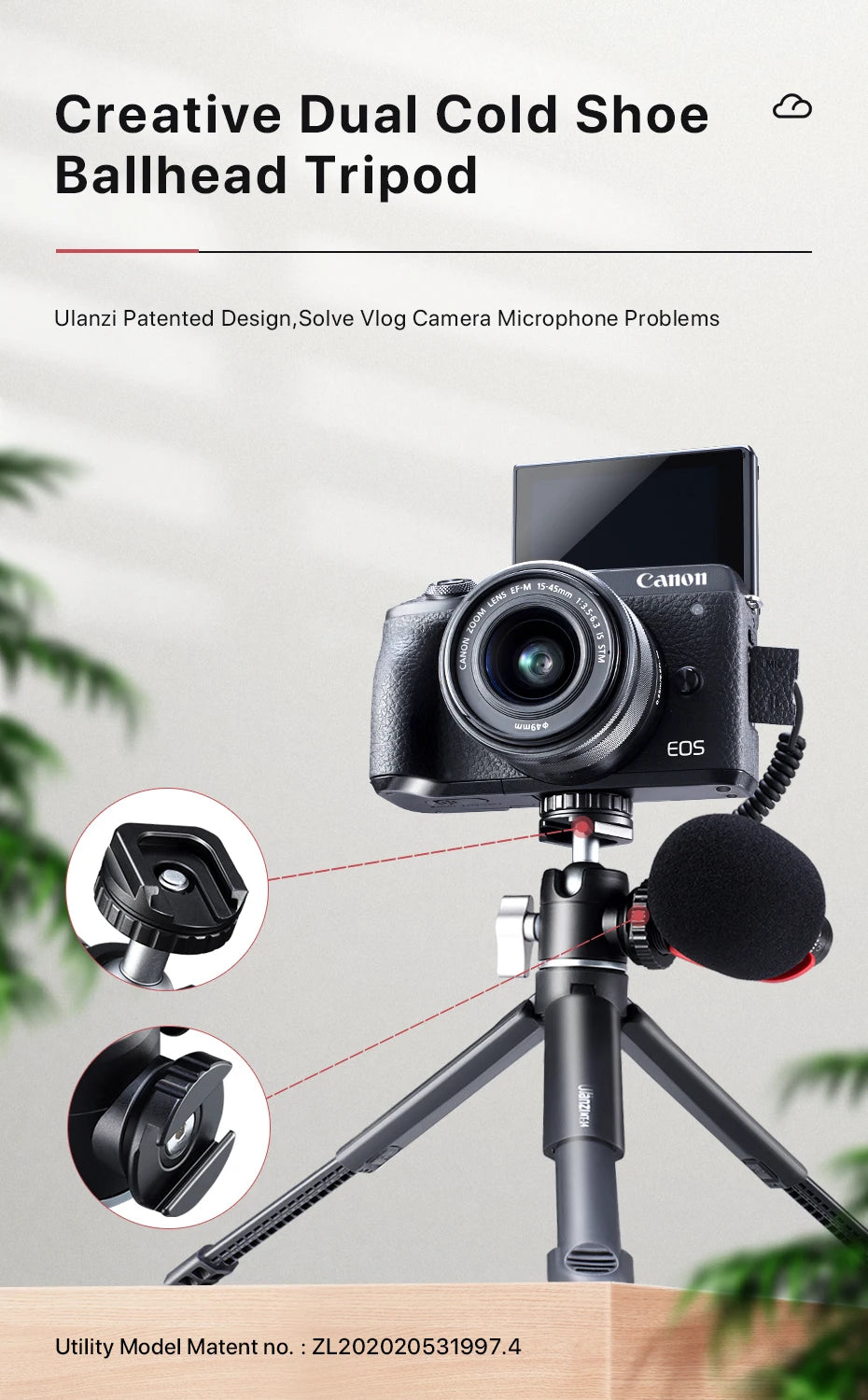 Mini Vlog Tripod Dual Cold Shoe Ballhead for Microphone LED Light Extend Smartphone Tripod for Sony A6400 Photography kit