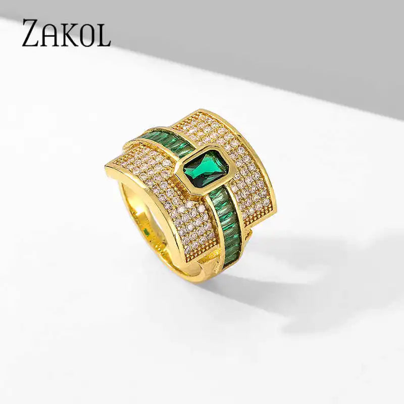 Gold Color Square Open Ring For Women Exquisite Green Cubic Zircon Dubai Adjustable Ring