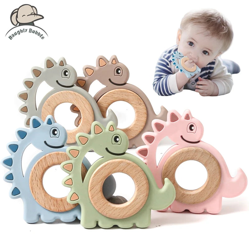 1PC Cartoon Dinosaur Molar Toy for Baby Oral Care Products BPA-Free Silicone Baby Teether Wooden Ring Food Grade Teething Toy