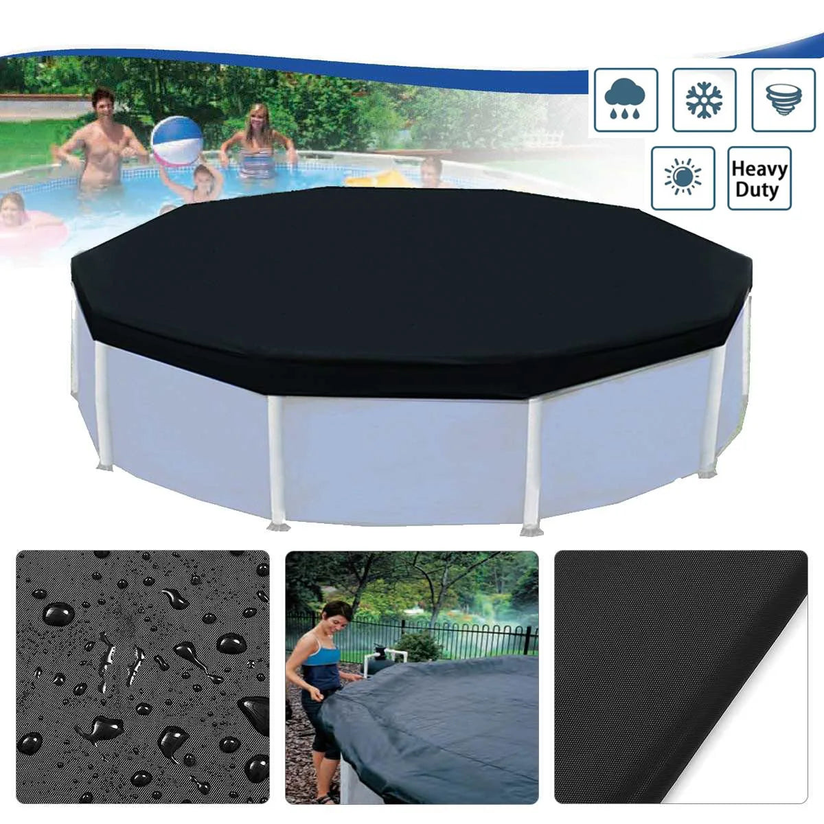 12FT Above Ground Swimming Pool Cover Waterproof Black Protective Frame Pool Cover with Drawstring