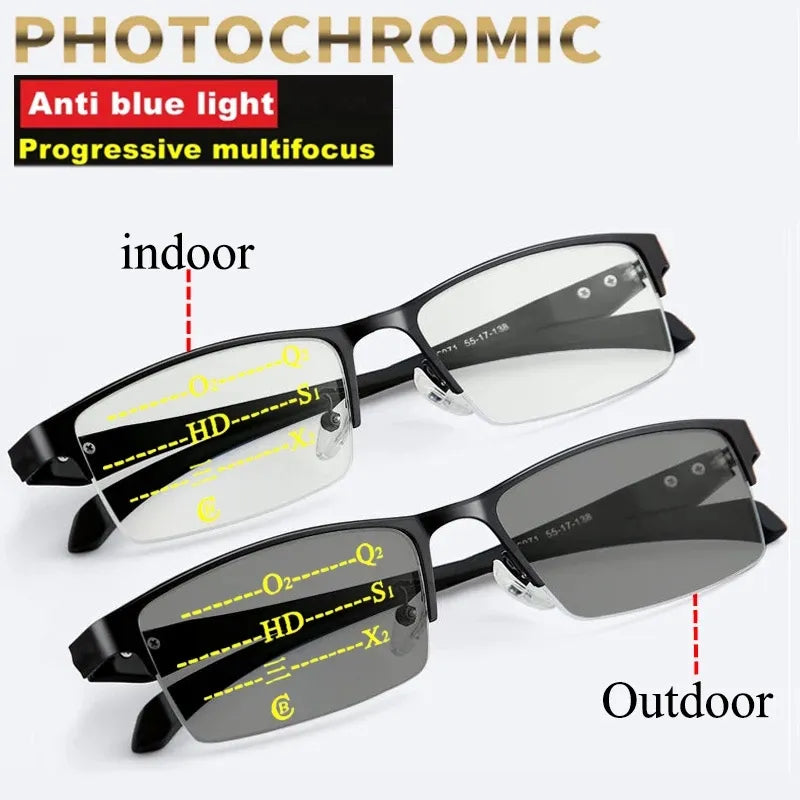 Photochromic Reading Glasses Bifocal Progressive Reading Glasses Men Blue Light Blocking Multifocal Eyewear Half Frame