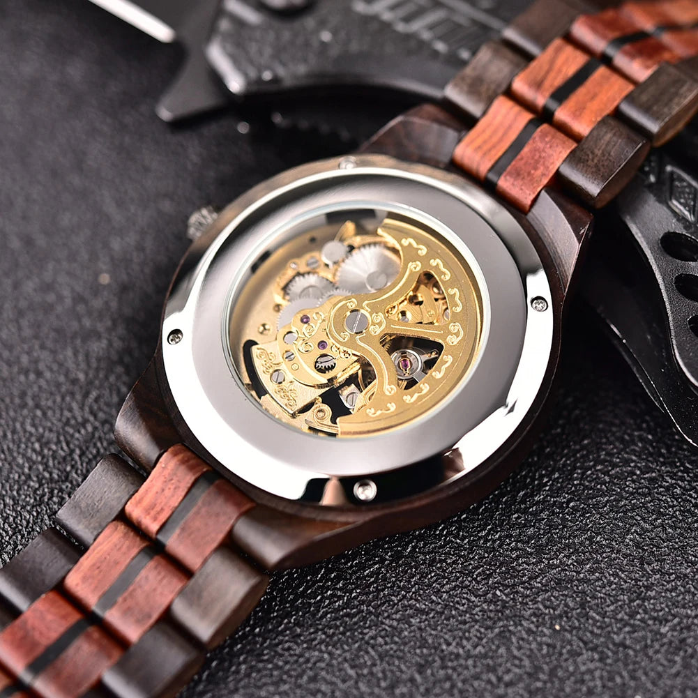 Automatic Self-Wind Watch for Men Wood Red Sandalwood Wristwatches Male Waterproof In Wooden Box